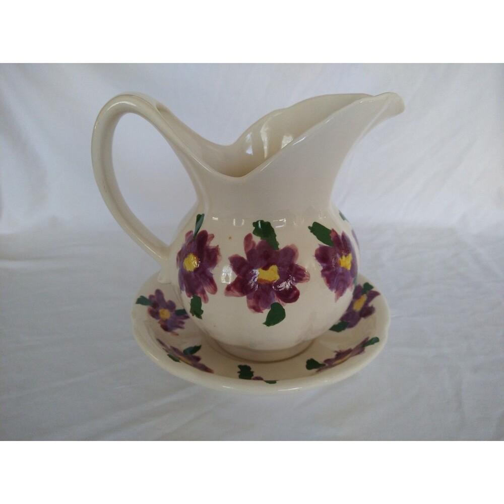 Small Hand Painted Signed Floral Pitcher and Bowl Set 1976 Violets Collectable - Picture 5 of 16